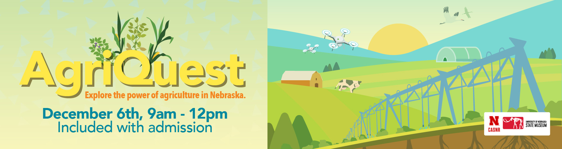 Agriquest event info with cartoon farm landscape.
