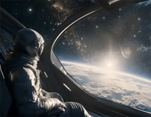 An astronuat looking out the windows of a fantastical spaceship.