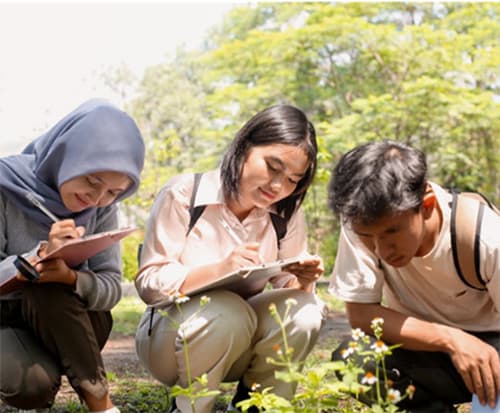 Three students kneel looking at plants taking notes on clipboards.