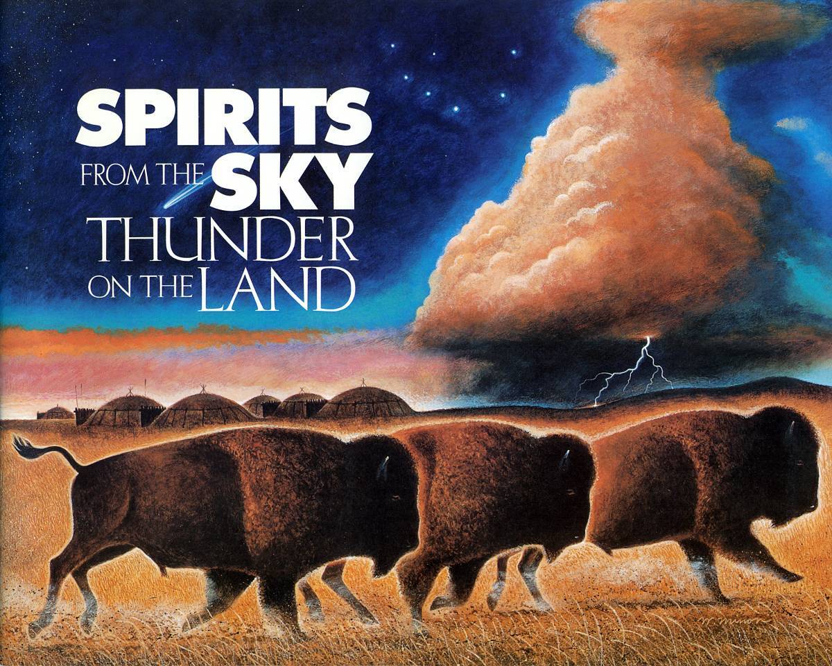 Spirits from the Sky, Thunder on the Land show poster. Buffalo walking under night sky with cloud and thunder.