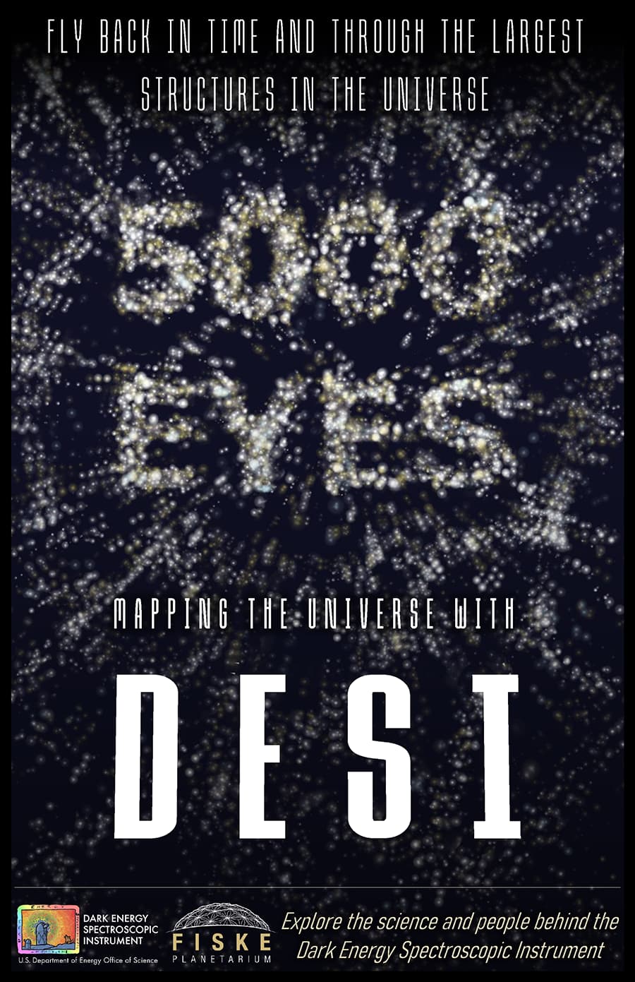 5000 Eyes Desi show poster, with text "Fly back in time and through the largest structures in the universe" and "Mapping the universe with DESI"