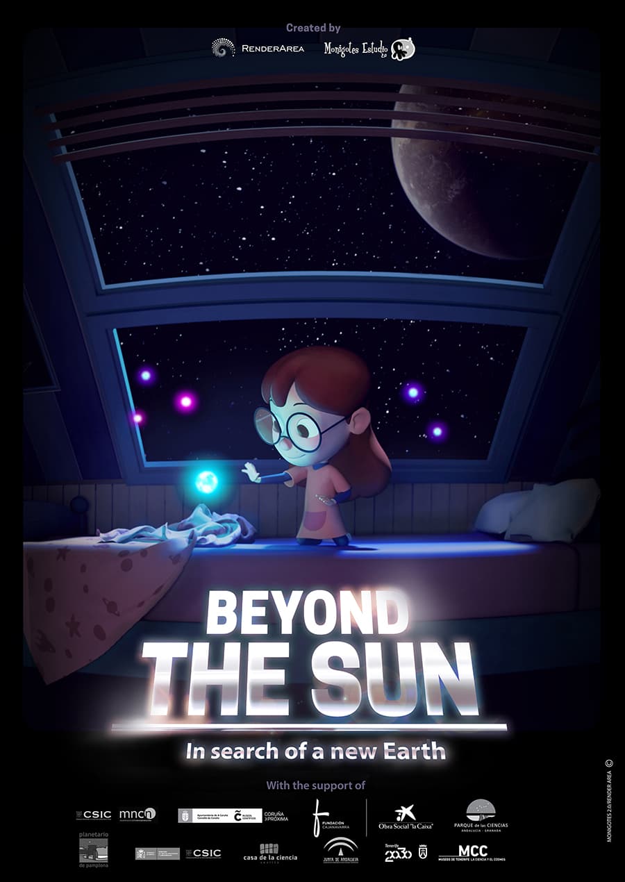 Beyond the Sun show poster. Little girl holding hand out to glowing orb, sitting on bed with space background.
