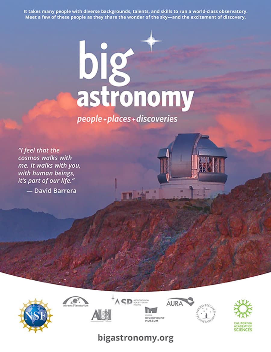 Big Astronomy, people + places + discoveries show poster. Pinkish, blue sunset sky with observatory on cliff.