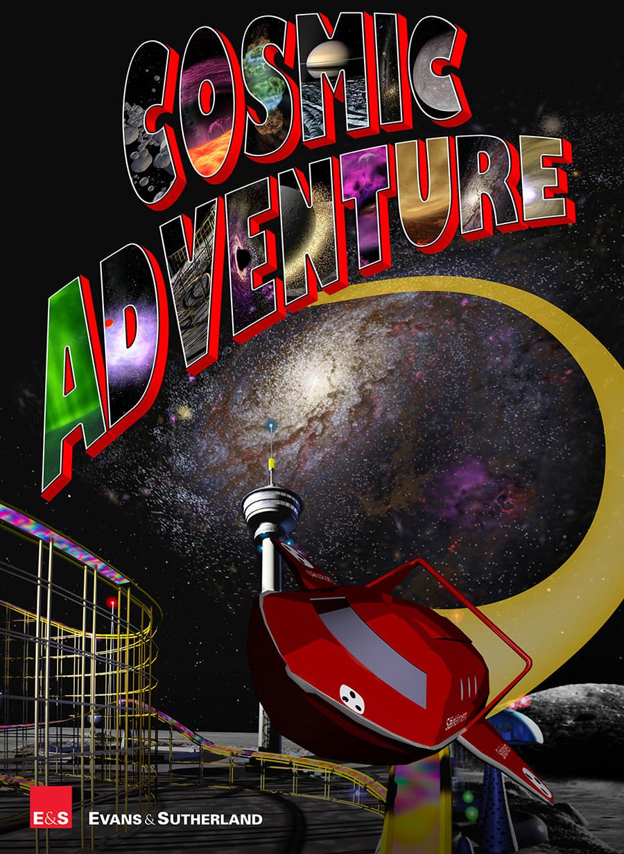 Cosmic Adventure, show poster. Space care flying with galaxy background.