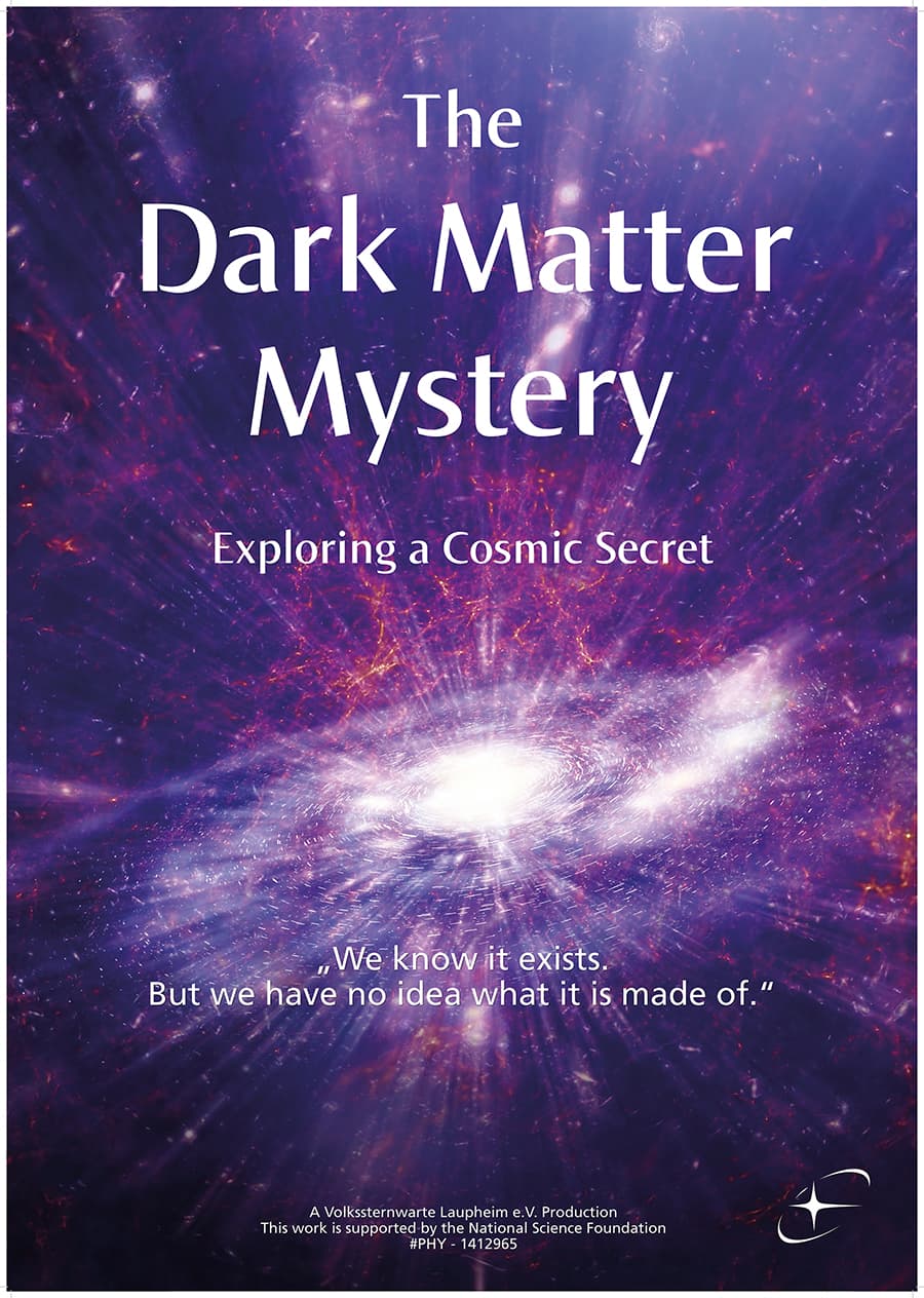 The Dark Matter Mystery Show Poster. White galaxy and purple space background