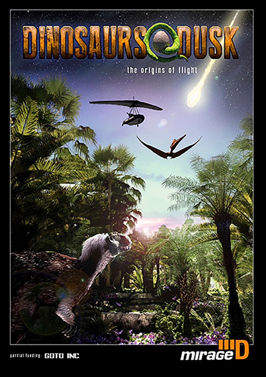 Dinosaurs at Dusk "The Origins of Flght" show poster. Glider aircraft with jungle biome and dinosaur and pterodactyl flying.