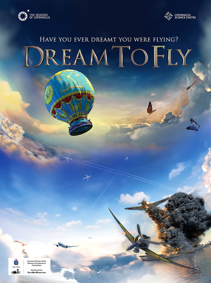 Dream to Fly show poster. Sky scene with hot air balloon and planes flying