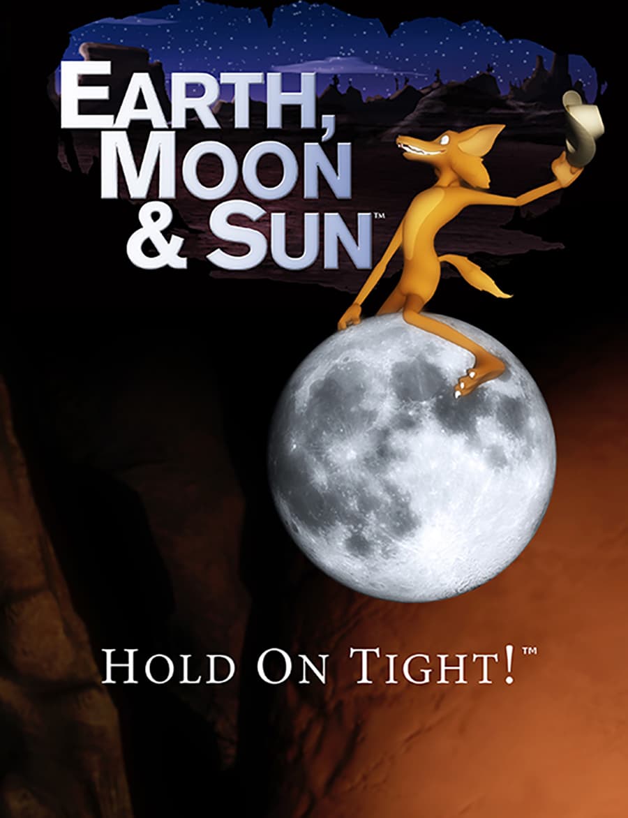 Earth Moon & Sun show poster. Cartoon coyote sitting on moon.