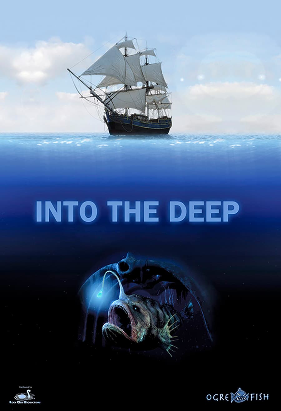 Into the Deep, show poster. Boat floating on water and over giant angler fish