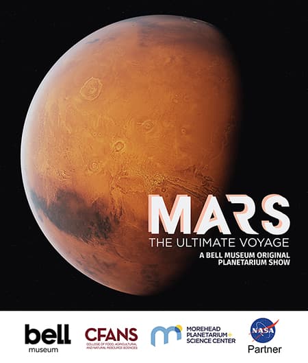 Mars: The Ultimate Voyage show poster with text "A Bell Museum Original Planetarium Show." Black background with Mars.