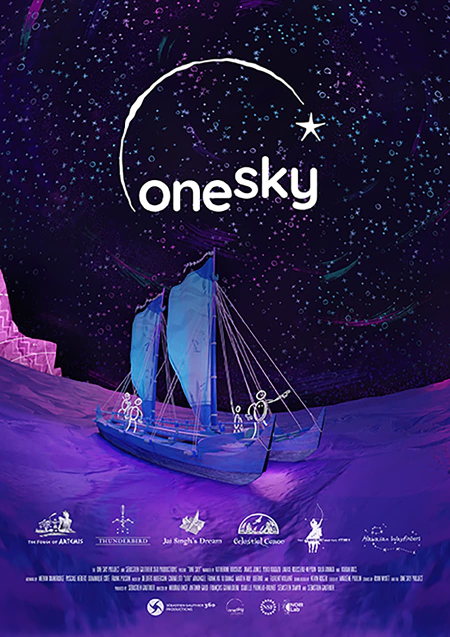 One Sky show poster. Hand drawn stick people on boat on purple river, under starry night sky