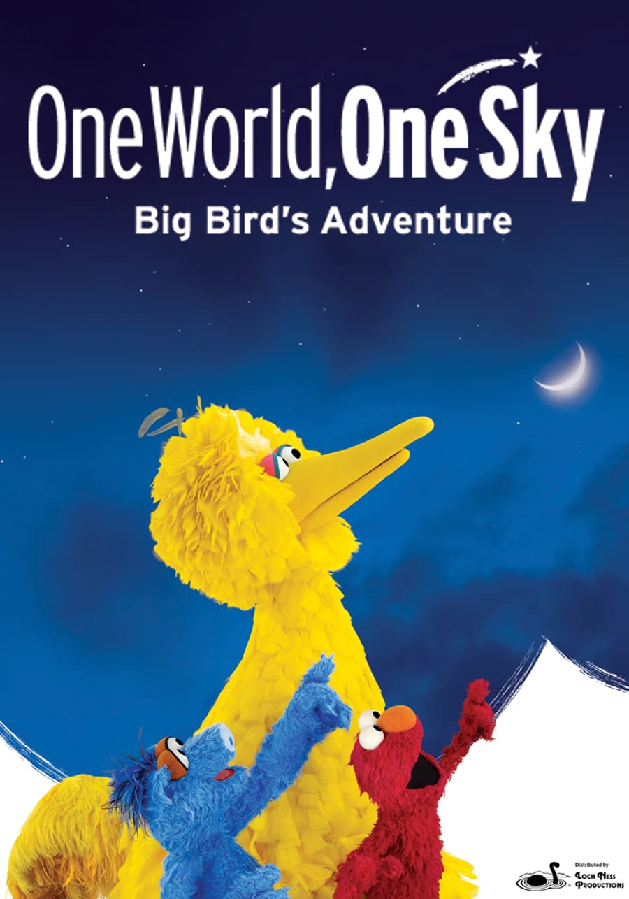 Show poster for One World One Sky planetarium show with big bird and elmo looking up at the night sky. 