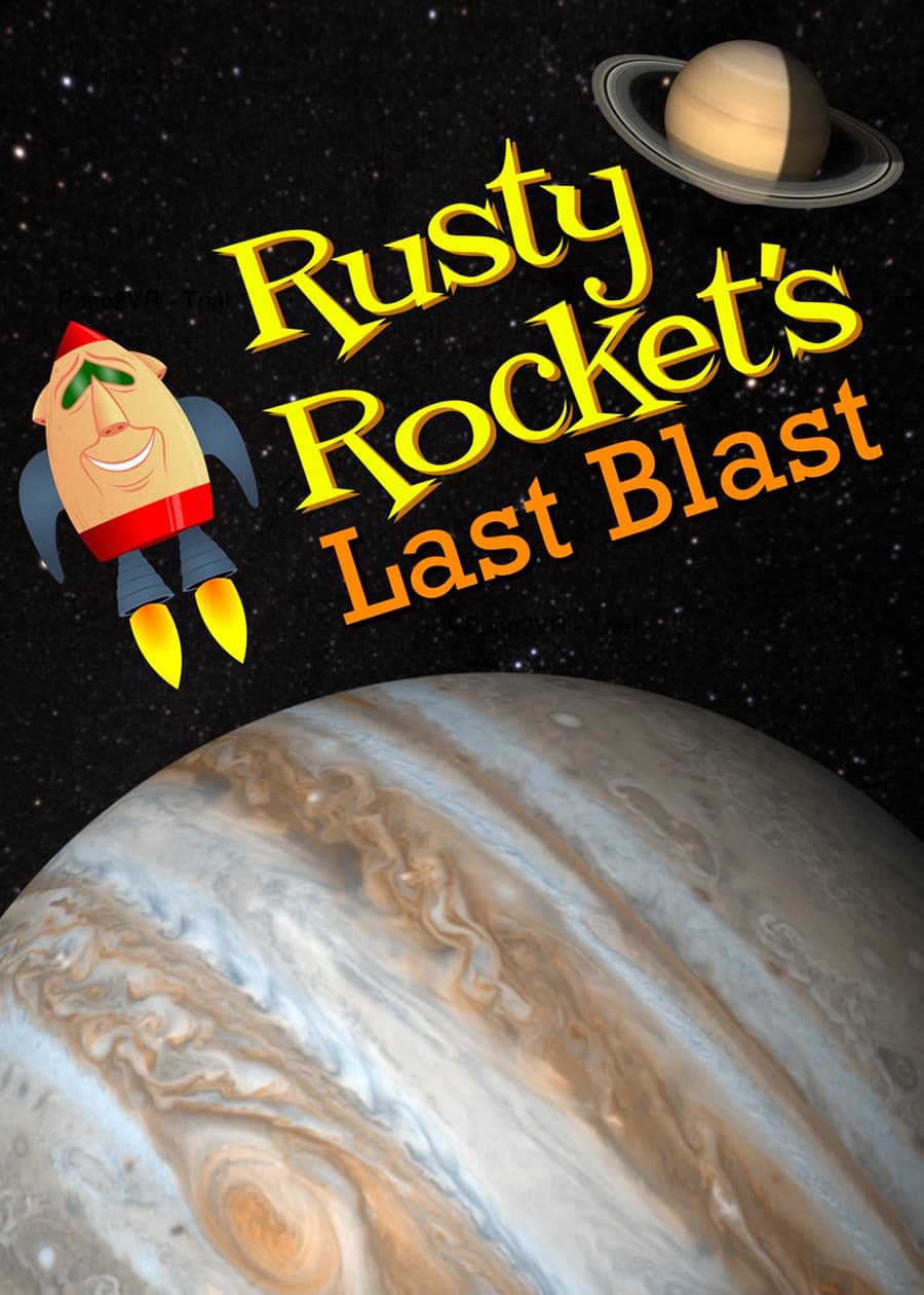 Rusty Rockets Last Blast show poster. Rocket with face with Saturn background.