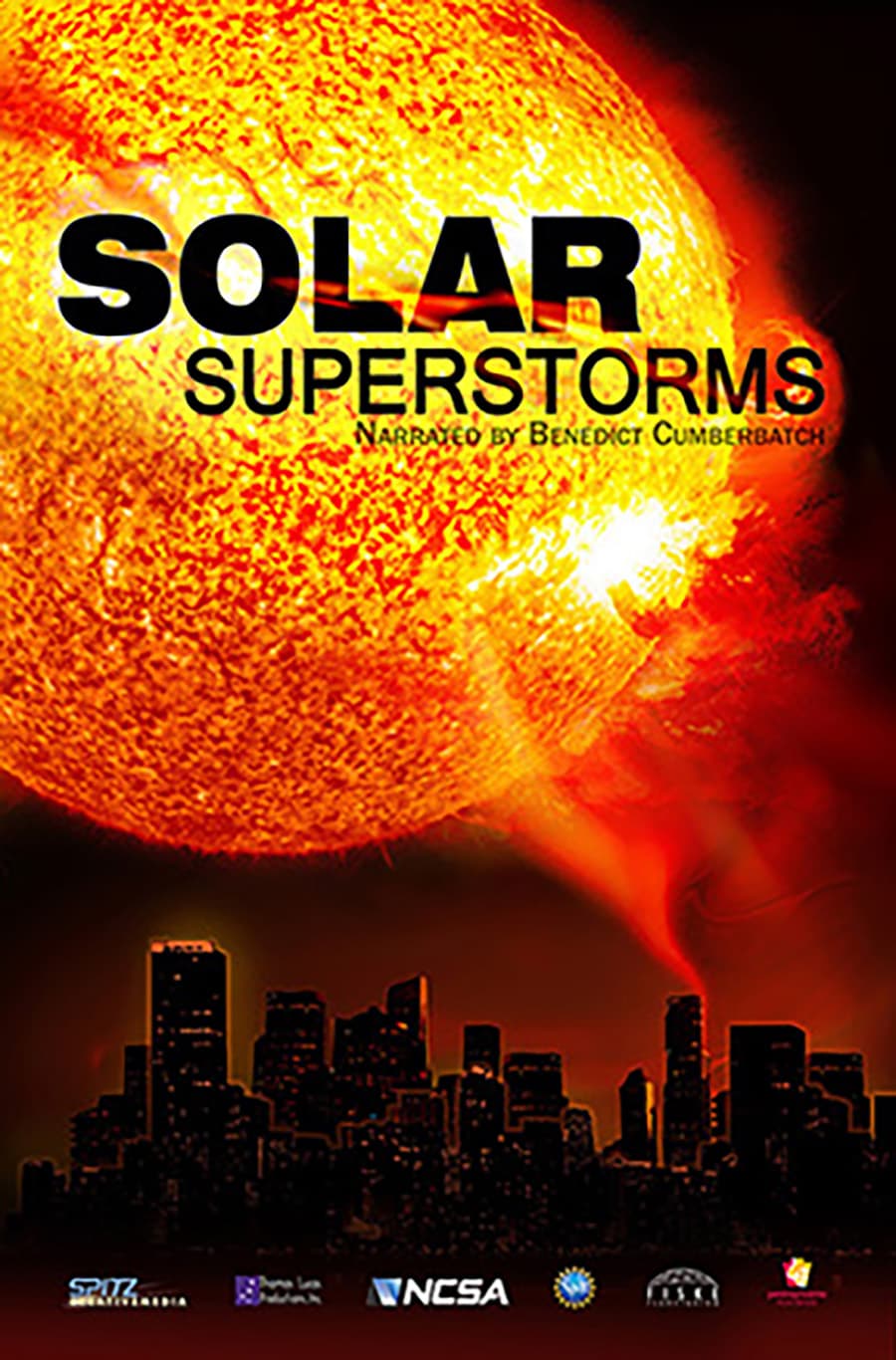 Solar Superstorms show poster, giant sun and flare over city skyline silhouette 