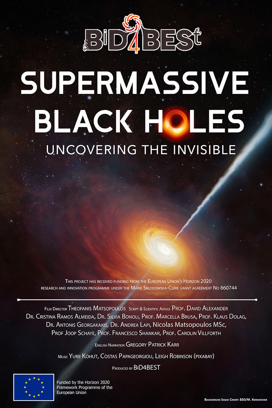 Supermassive Black Holes, Uncovering the Invisible, show poster. Bright black hole with ray of light going through the middle.