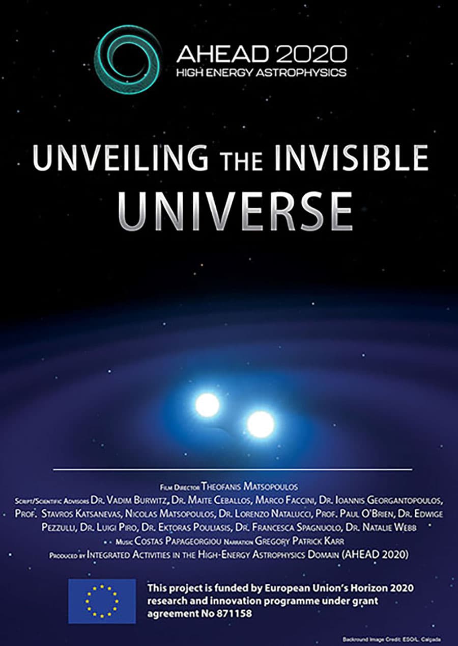 Unveiling the Invisible Universe, show poster. Two blue glowing orbs with dark space background.
