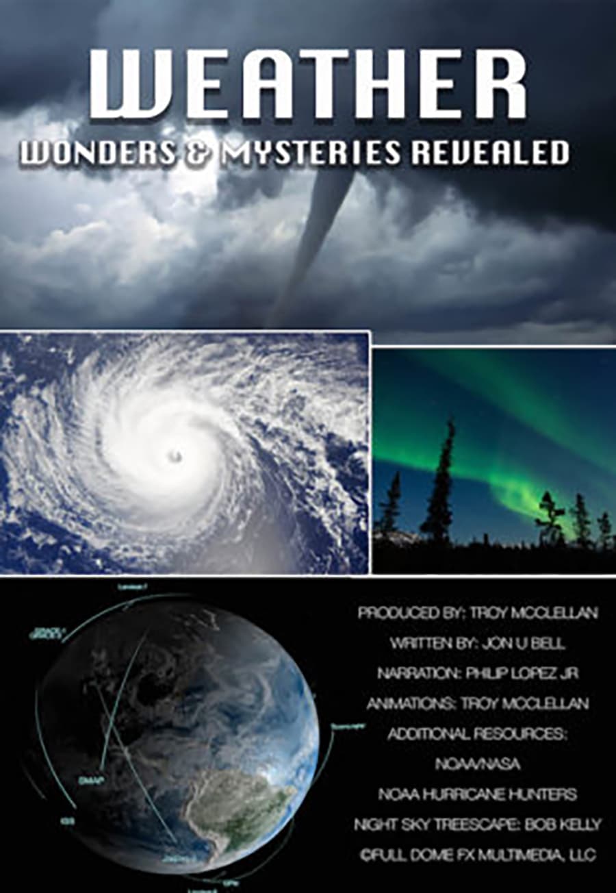 Weather, Wonders & Mysteries Revealed, show poster. Collage of tornado, satellite image of hurricane, planet earth, and aurora borealis.