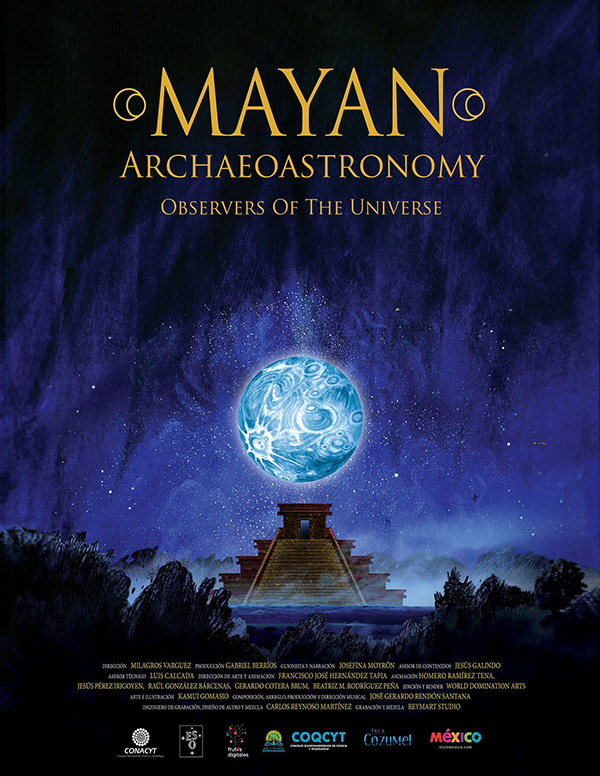 Planet above Mayan pyramid, with text "Mayan Archaeoastronomy, Observers of the Universe"