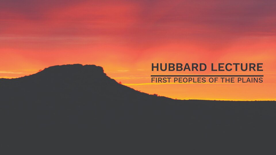 A sunset behind a silhouette landscape with Hubbard Lecture logo
