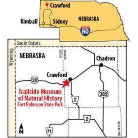 A map showing the location of Trailside Museum within the state of Nebraska. 