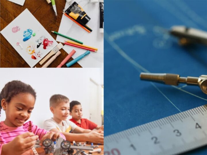 A collage of ruler, compass, art supplies, and children playing with LEGO type building blocks