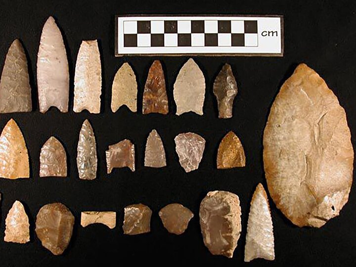 A variety of different size projectile points placed on a black cloth.