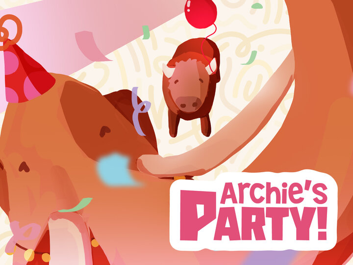 Colorful party scene with a cartoon bison and balloons, featuring festive decorations and confetti.