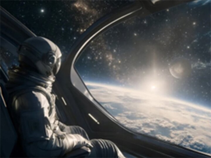 An astronaut looks out shuttle window at the earth from space.