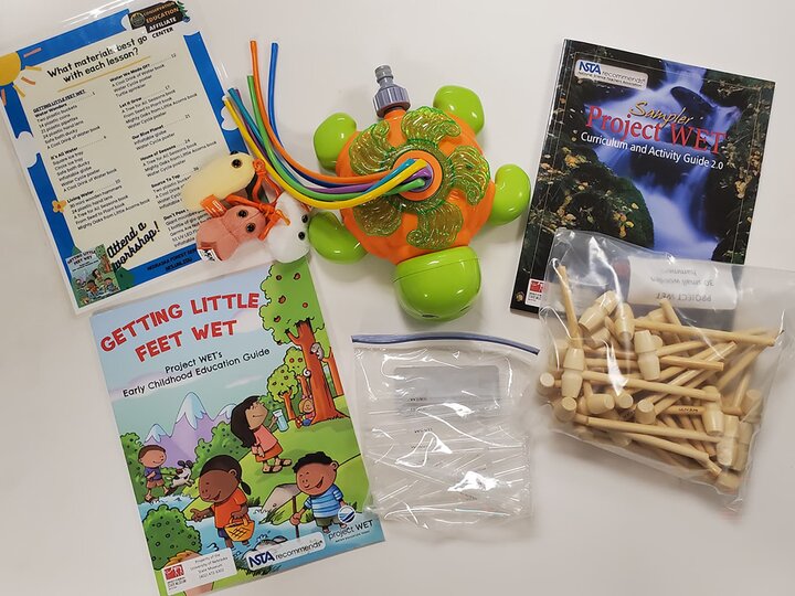 A turtle, water beakers and activity guides. 