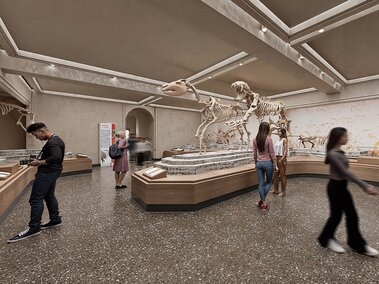 A generated rendering of a museum exhibit featuring a horse and cat like predatory animal fossils on display in center, with public visitors walking around the exhibit. 