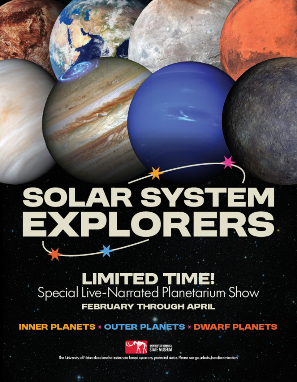 Poster graphic for Solar System explorers show. 