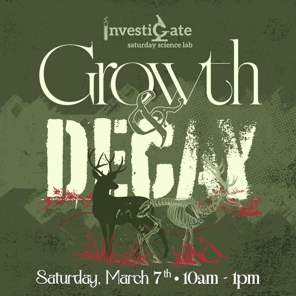 Promotional graphic for the Growth & Decay event with deer and fossil deer