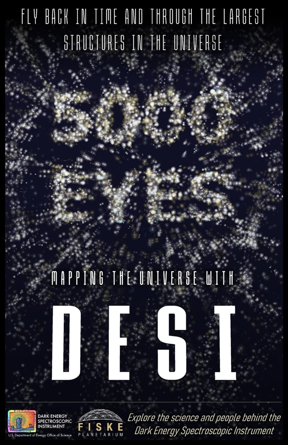 5000 Eyes Desi show poster, with text "Fly back in time and through the largest structures in the universe" and "Mapping the universe with DESI"