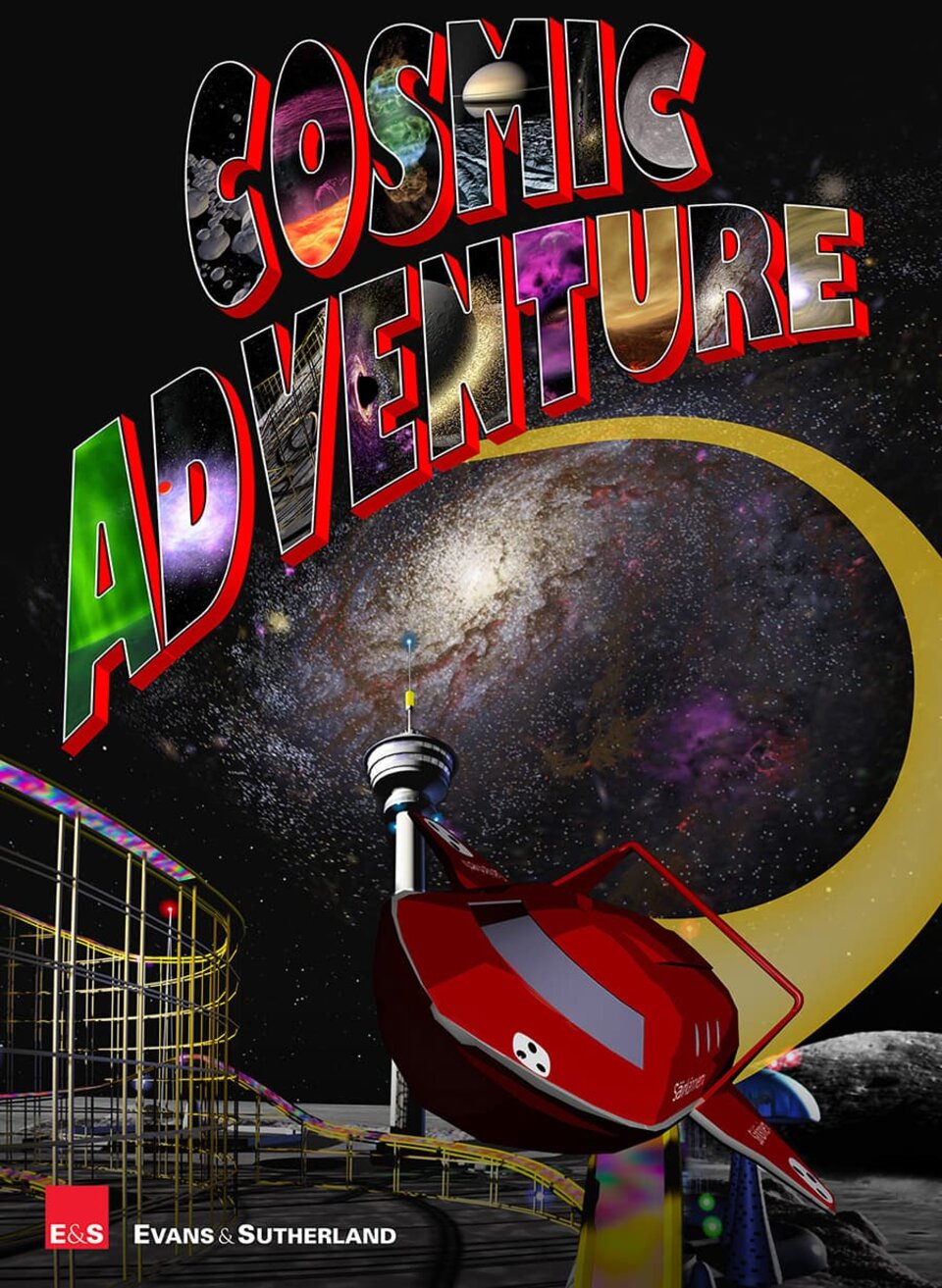 Cosmic Adventure, show poster. Space care flying with galaxy background.