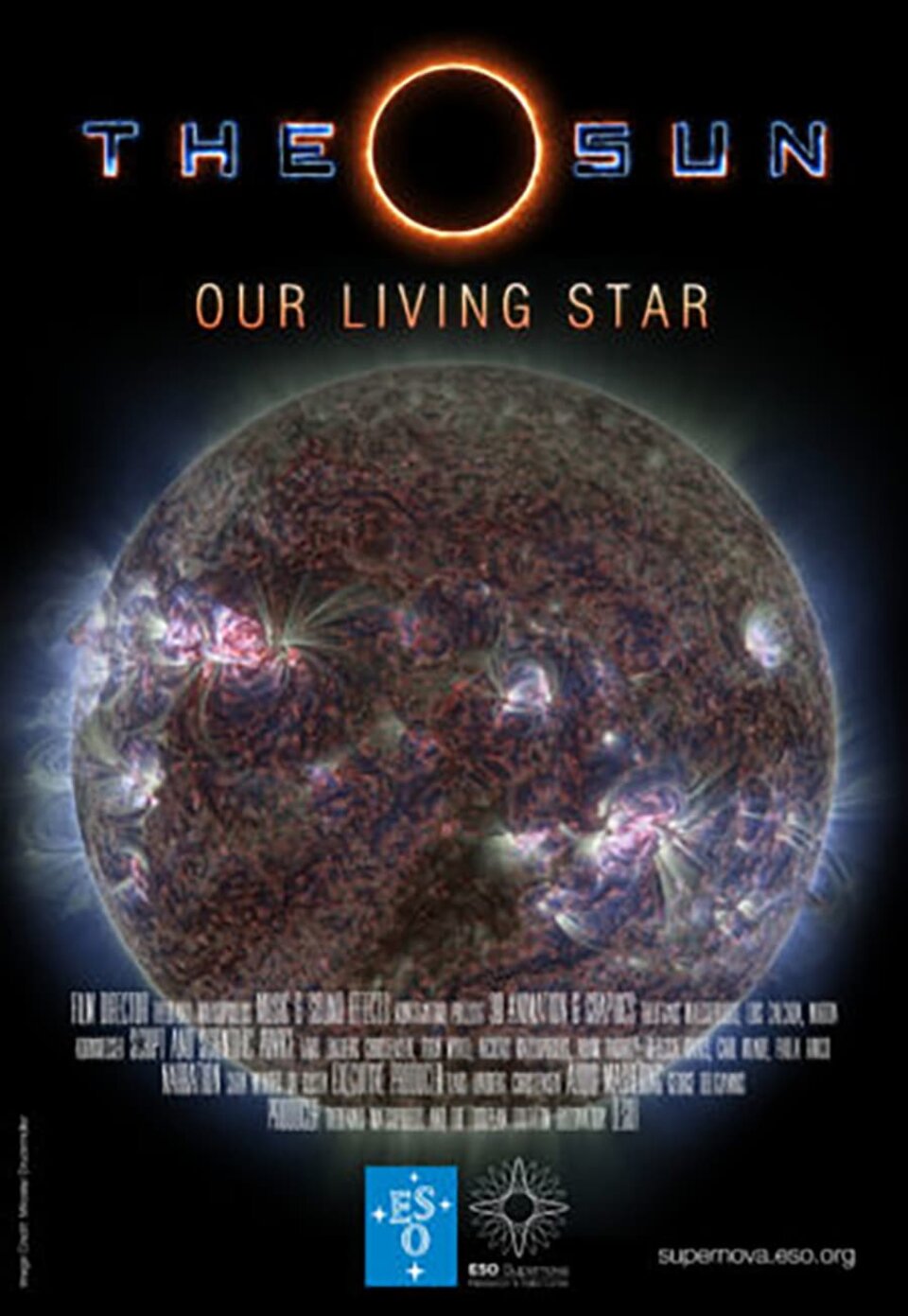 The Sun: Our Living Star show poster. Dark iridescent sun.